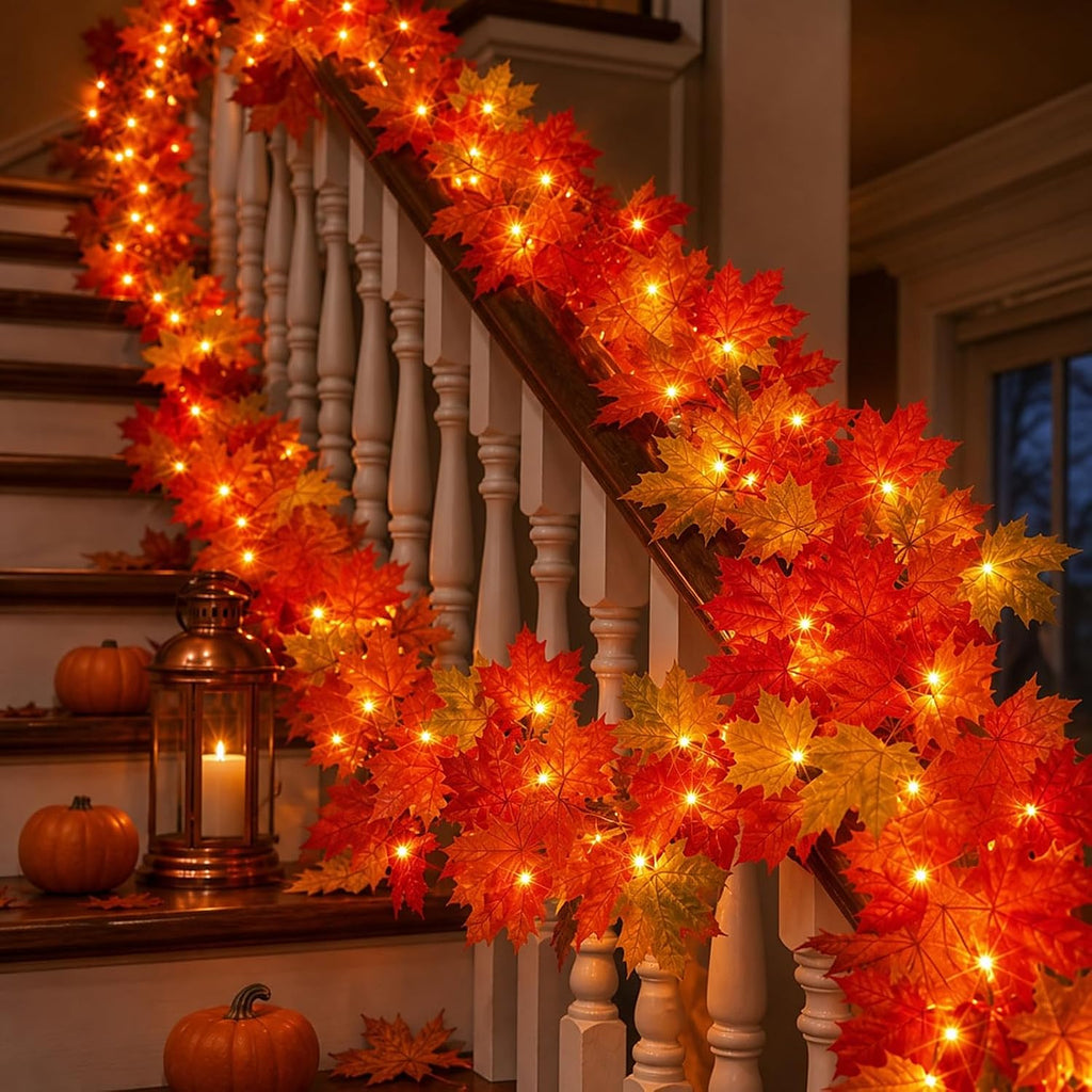 Fall Decorations for Home 9FT Fall Garland with Lights Plug in UL Listed 50 Orange Incandescent Bulbs, Connectable Fall Lights for Indoor Outdoor Halloween Harvest Thanksgivings Holiday Decorations
