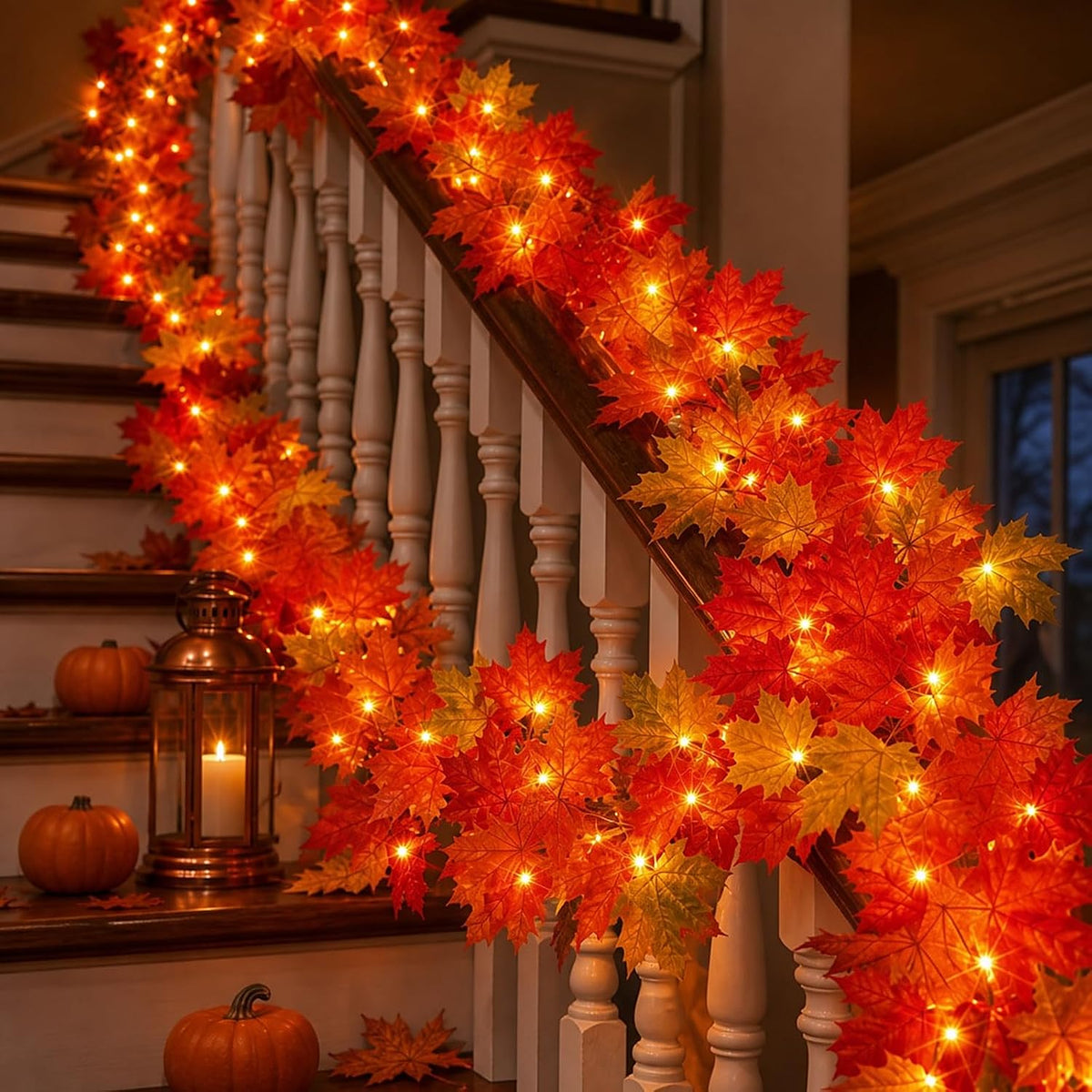 Fall Decorations for Home 9FT Fall Garland with Lights Plug in UL Listed 50 Orange Incandescent Bulbs, Connectable Fall Lights for Indoor Outdoor Halloween Harvest Thanksgivings Holiday Decorations