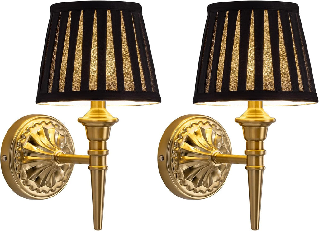 KDG Cordless Gold Wall Sconces Set of 2, Black Fabric Lampshde Wall Lamps