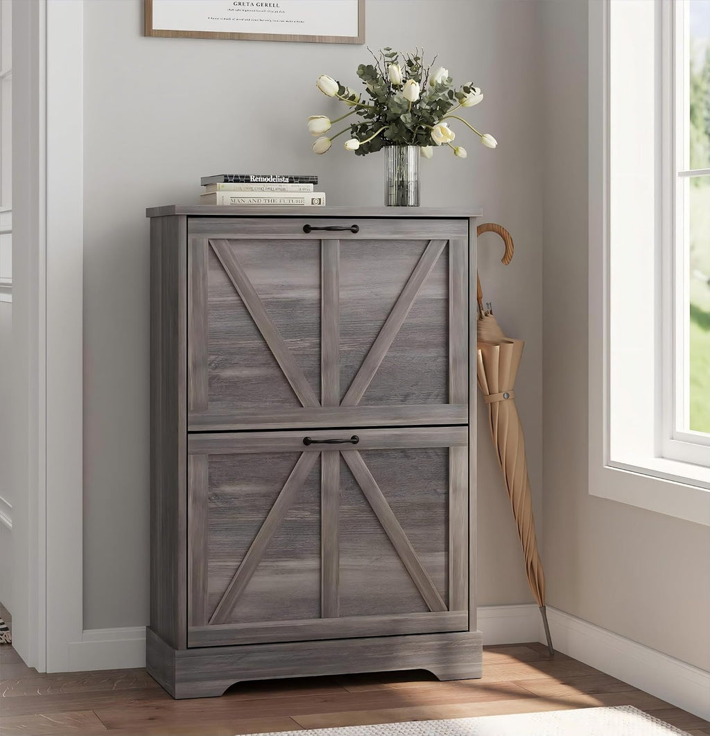 Smart FENDEE Shoe Cabinet, Shoe Storage Cabinet for Entryway with 2 Flip Drawers, Narrow Farmhouse Shoe Organizer Cabinet, Slim Shoe Rack Cabinet, 23.6in Rustic Brown