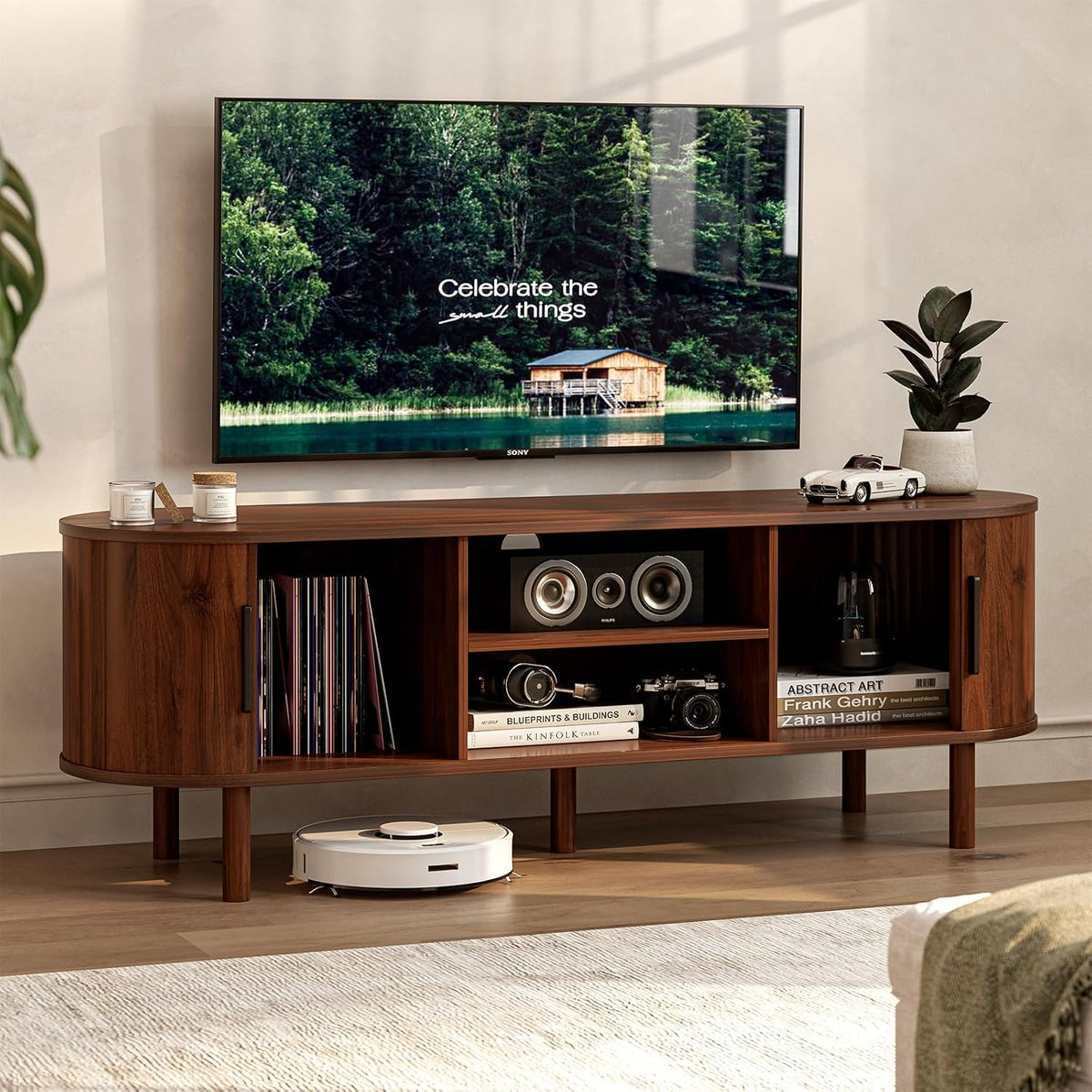 ZttRiee TV Stand with Sliding Doors for TVs up to 60", Mid-Century, Walnut