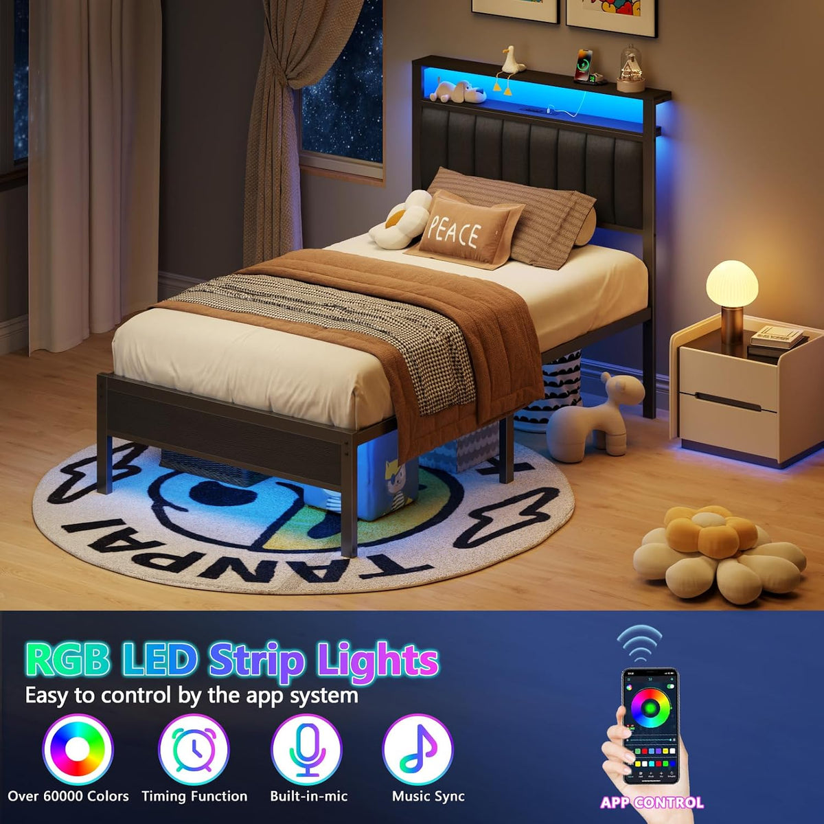 Furnulem Twin Size Bed Frame with Charging Station and LED Lights
