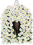 HyeFlora Artificial Faux Hanging White Flowers Plants Basket for Outdoor Outside Decor, 4 PCS Fake UV Resistant Realistic Morning Glory Flowers for Porch Home Balcony Yard Patio Decoration