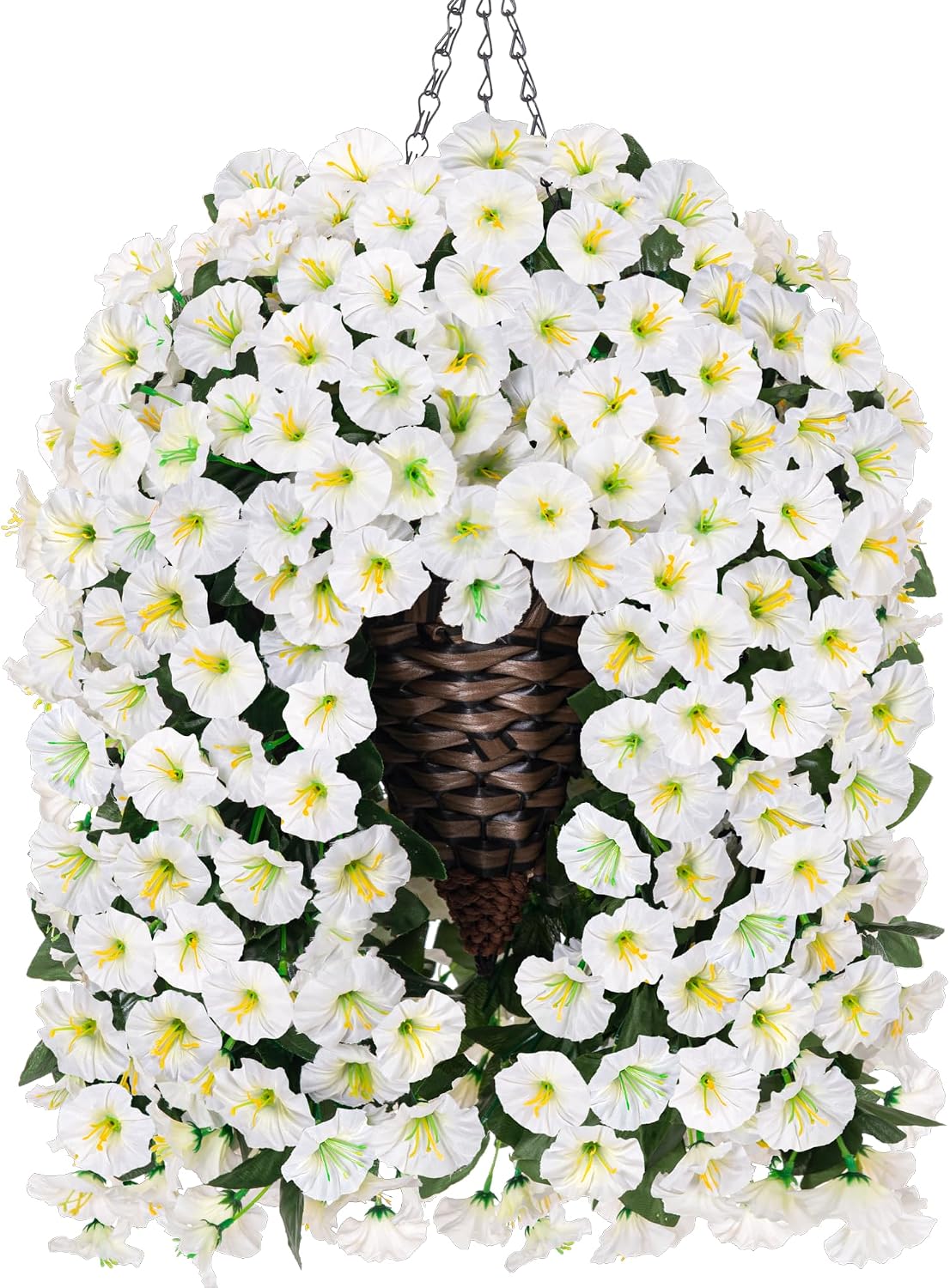 HyeFlora Artificial Faux Hanging White Flowers Plants Basket for Outdoor Outside Decor, 4 PCS Fake UV Resistant Realistic Morning Glory Flowers for Porch Home Balcony Yard Patio Decoration