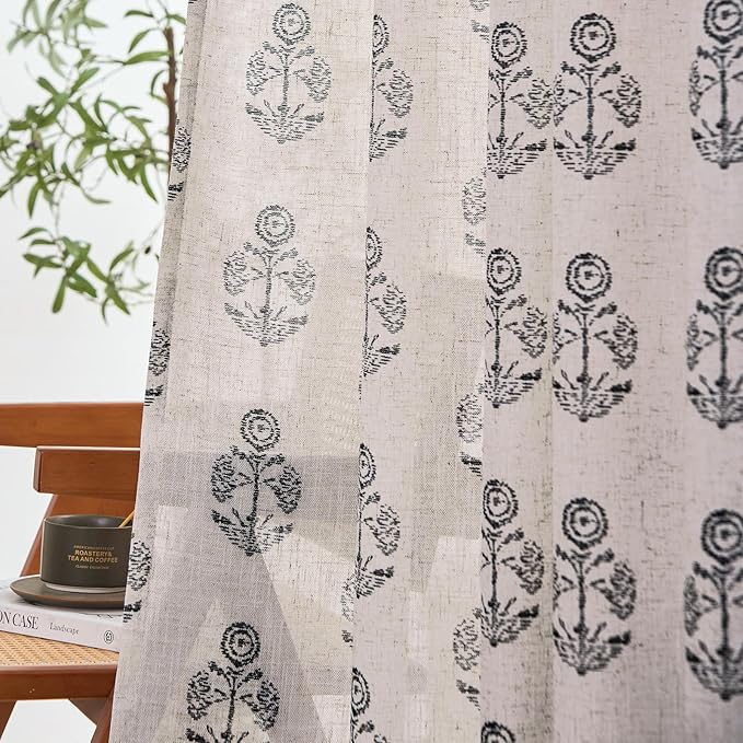 jinchan Linen Floral Curtains for Living Room 63 Inch Length Black Flower - Image 3