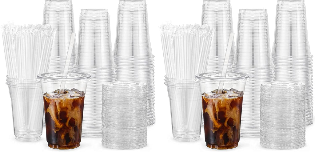 VITEVER [100 Sets - 16oz] Clear Plastic Cups with Lids and Straws, Disposable Iced Coffee Cups for Smoothie, Milkshake, Cold Drinks - BPA free