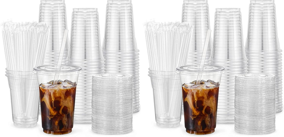 VITEVER [100 Sets - 16oz] Clear Plastic Cups with Lids and Straws, Disposable Iced Coffee Cups for Smoothie, Milkshake, Cold Drinks - BPA free