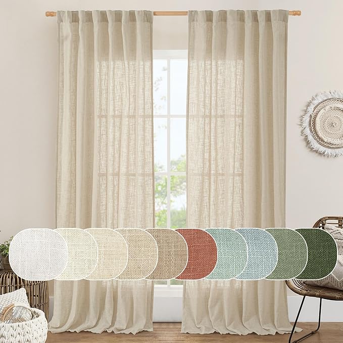 LAMIT 96 inch Linen Curtains for Bedoom, Light Filtering Semi Sheer Panels Back by LAMIT