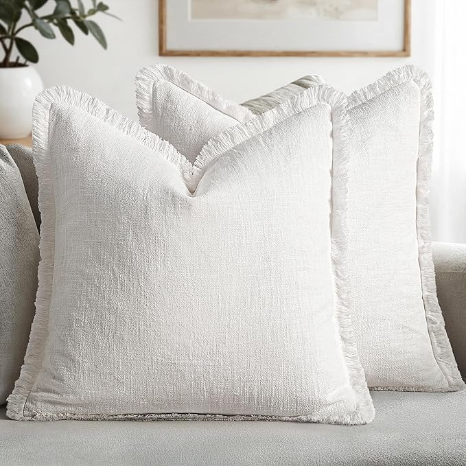 MIULEE Decorative Throw Pillow Covers Neutral Linen Fringe Throw Pillows Euro by MIULEE