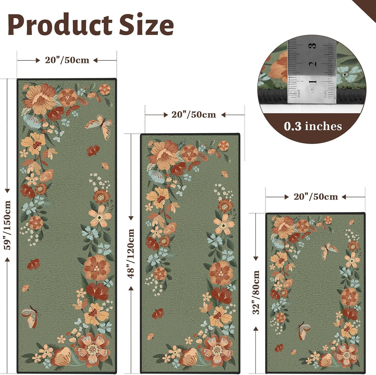Kitchen Rugs Set of 3, Washable Non-Slip Kitchen Mats for Floor with Rubber Backing