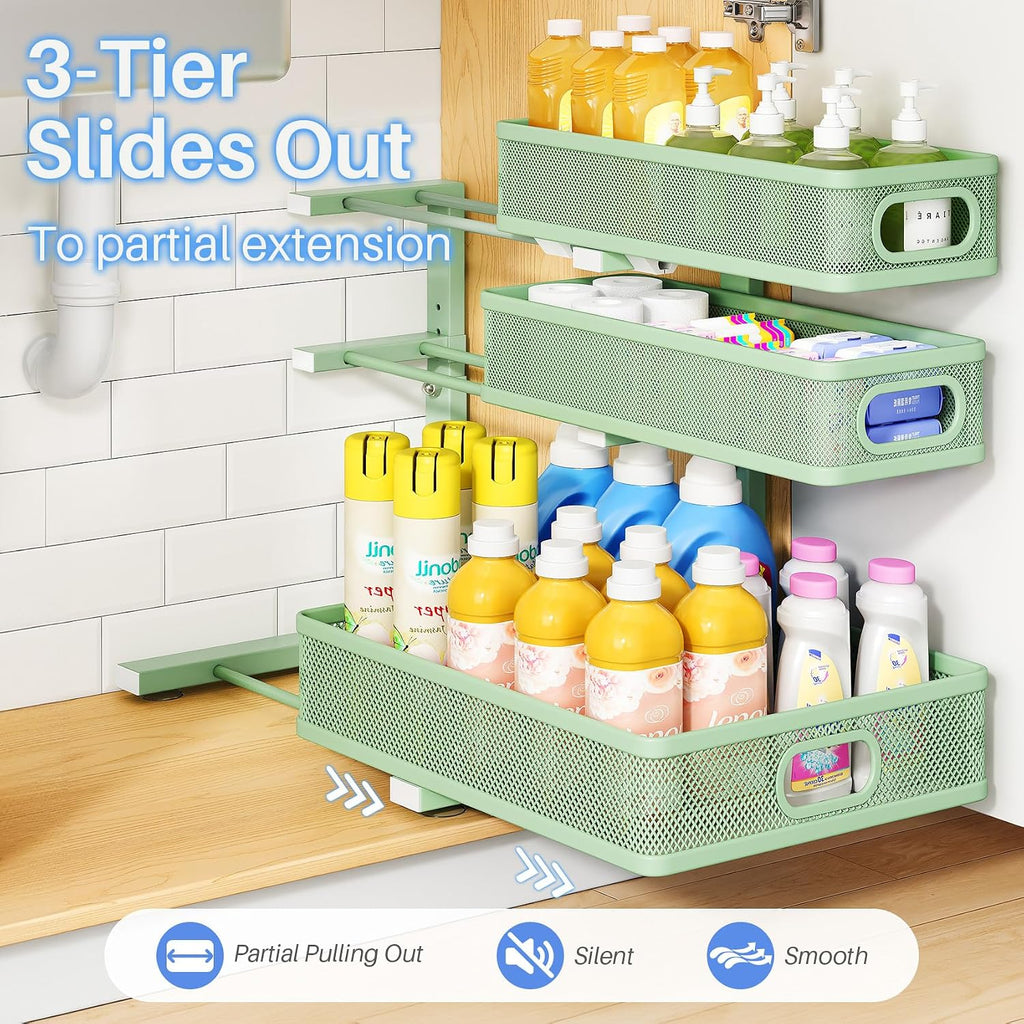 Under Sink Organizer, 3-Tier Thickened Metal Pull out Cabinet Organizer Shelf, Height Adjustable Slide out Storage Drawer Rack for Kitchen Bathroom Pantry Laundry Home Organization, 2-Pack, Green