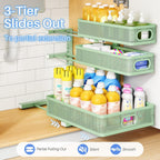 Under Sink Organizer, 3-Tier Thickened Metal Pull out Cabinet Organizer Shelf, Height Adjustable Slide out Storage Drawer Rack for Kitchen Bathroom Pantry Laundry Home Organization, 2-Pack, Green