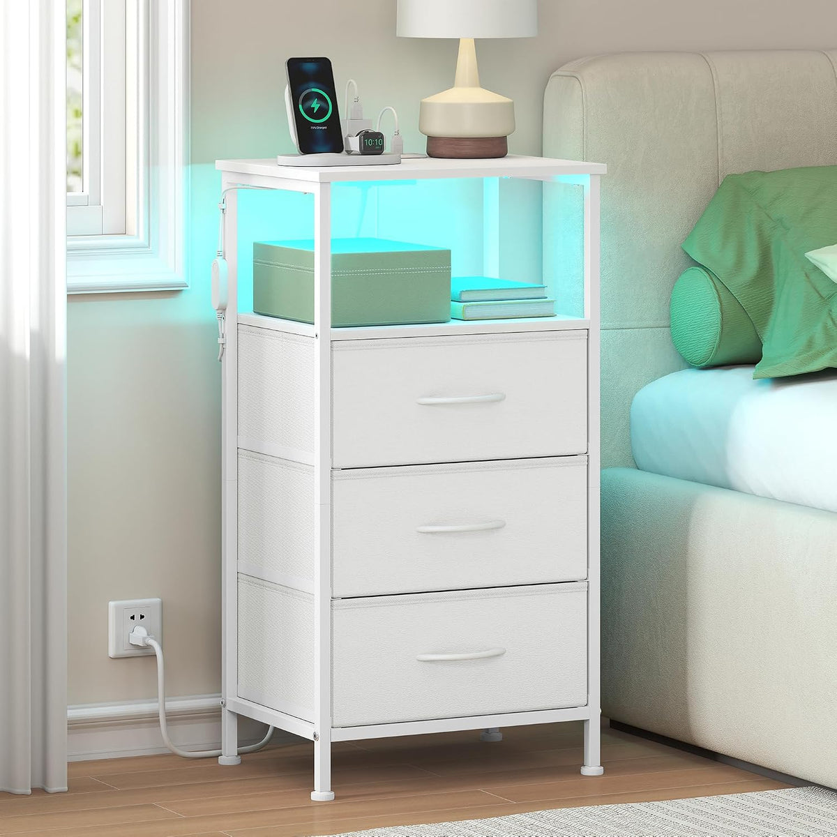 SONGMICS Nightstand with Charging Station, 3 Fabric Drawers