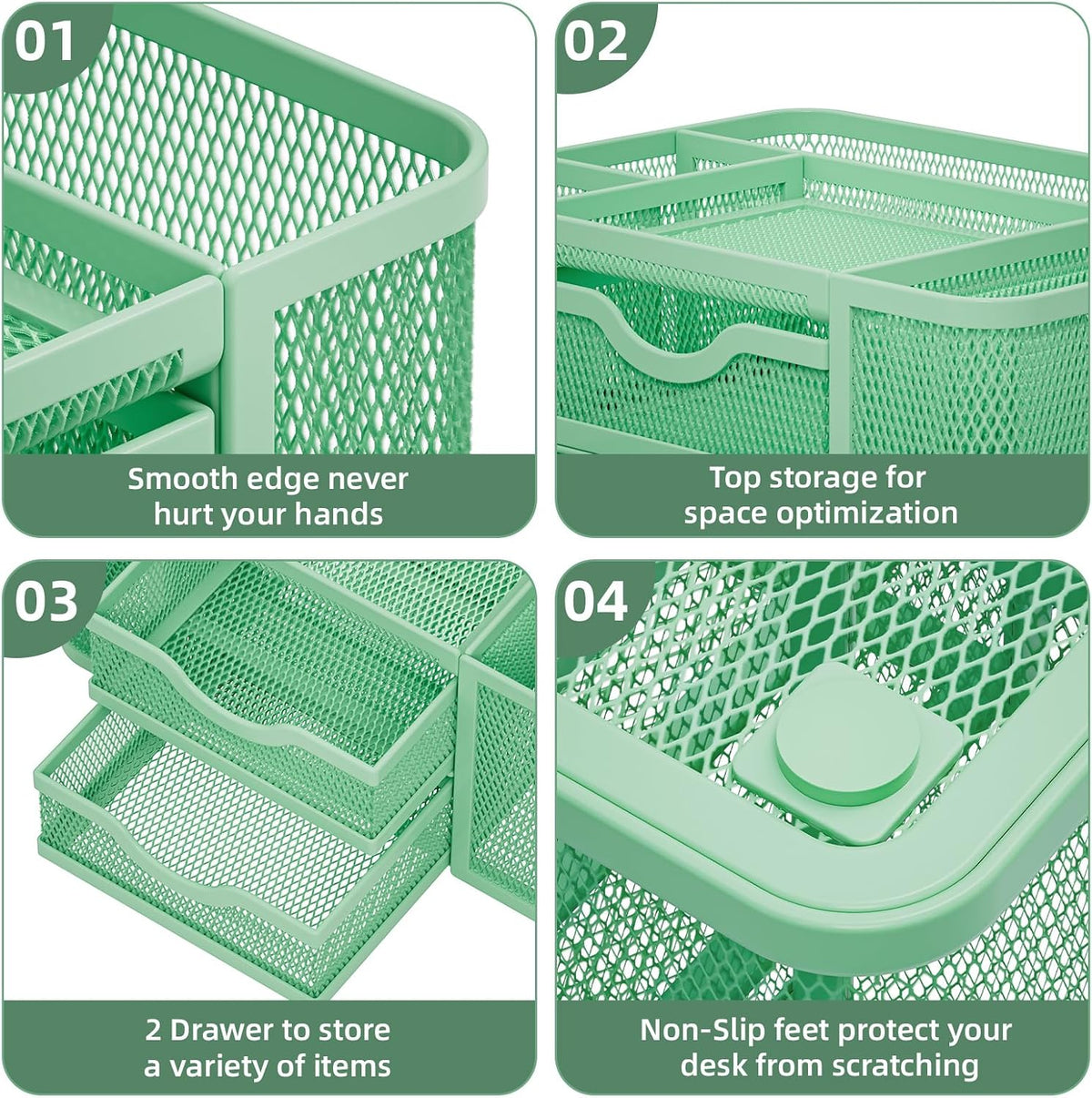 Marbrasse Mesh Desk Organizer, Pen Organizer with 2 Drawer, Multi-Functional Pencil Holder, Desk Organizers and Accessories with 5 Compartments + Drawer for Office Art Supplies (Green)