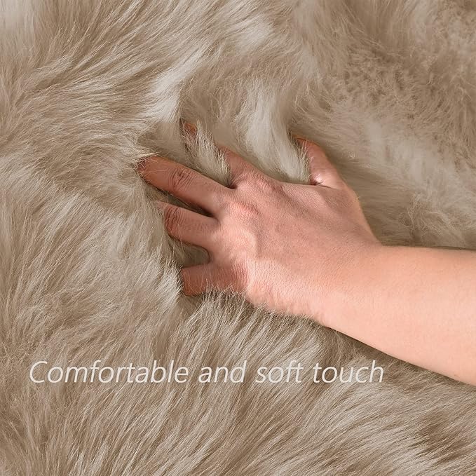 Latepis Circle Rugs for Bedroom 3ft Brown Beige Round Shag Faux Fur Rug - Image 5