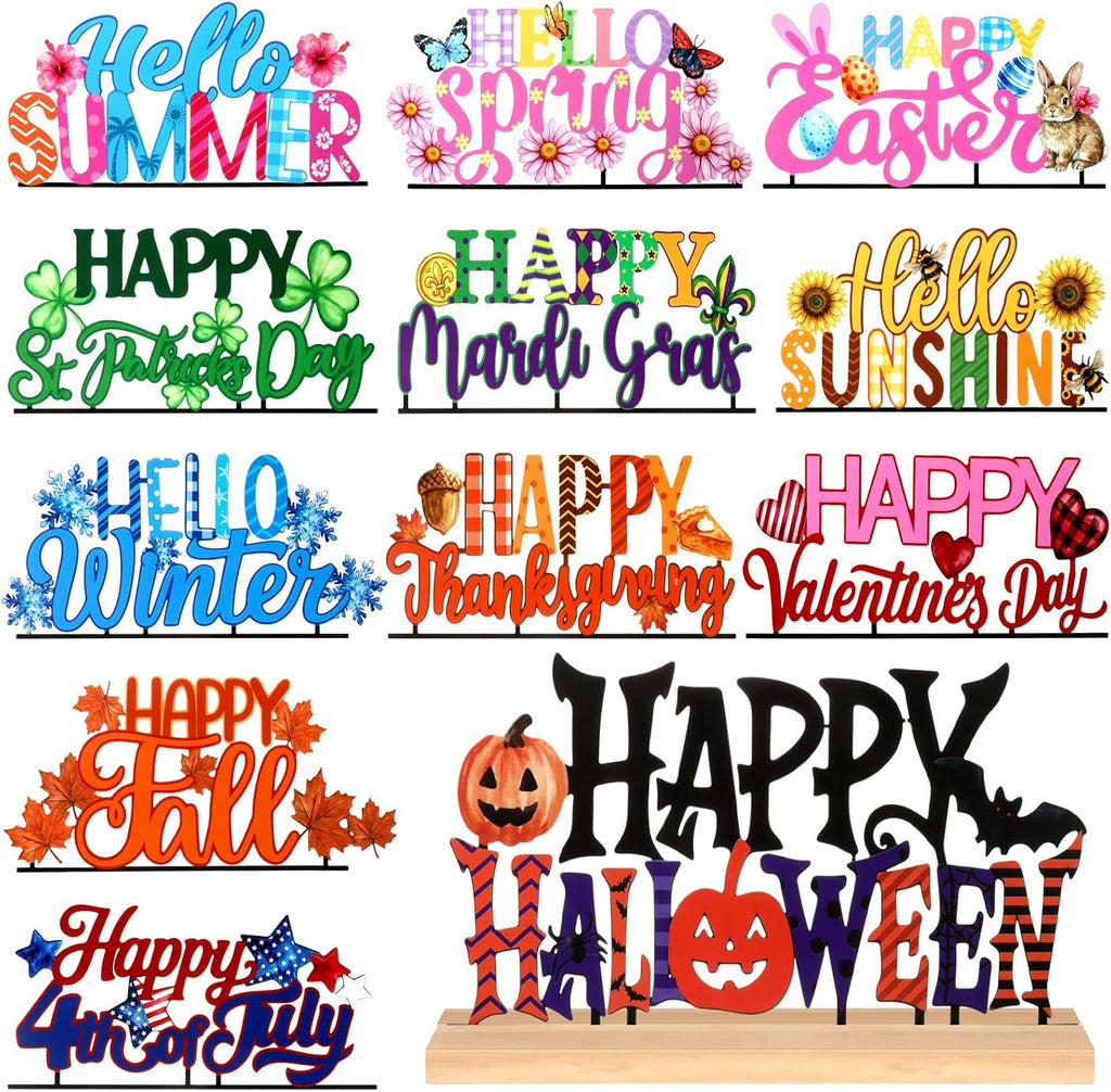 Chunful 13 Pcs Interchangeable Holiday Metal Table Signs with Wooden Base