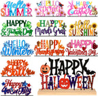Chunful 13 Pcs Interchangeable Holiday Metal Table Signs with Wooden Base