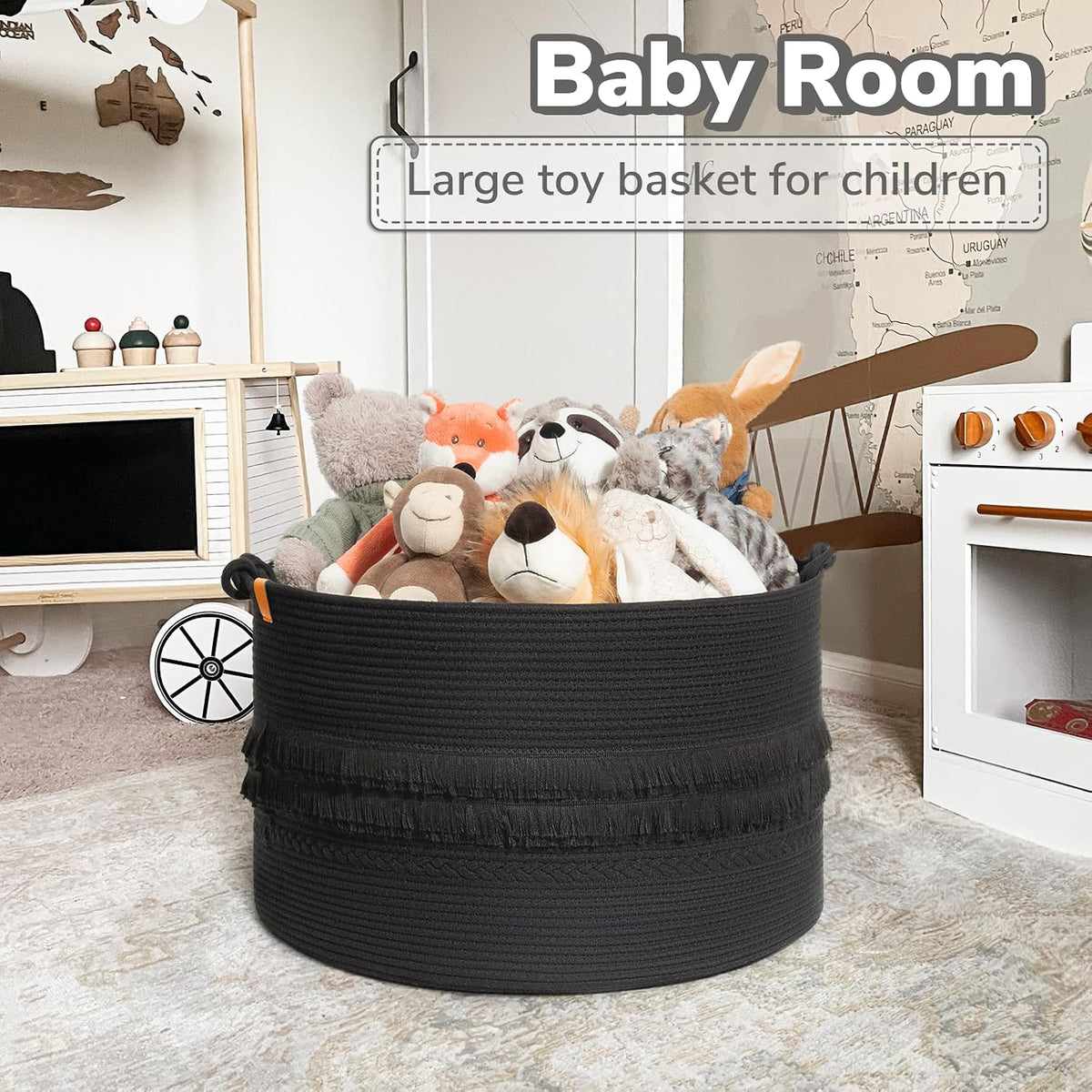 CherryNow 90L Large Woven Rope Blanket Basket with Tassel, 22" x 14", Black
