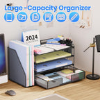 Desk Organizer, 4-Tier Desktop File Organizer with Drawer and Pen Holders, Office Desk Accessories, File Sorters, Workspace Organizers for Office Supplies(Black)