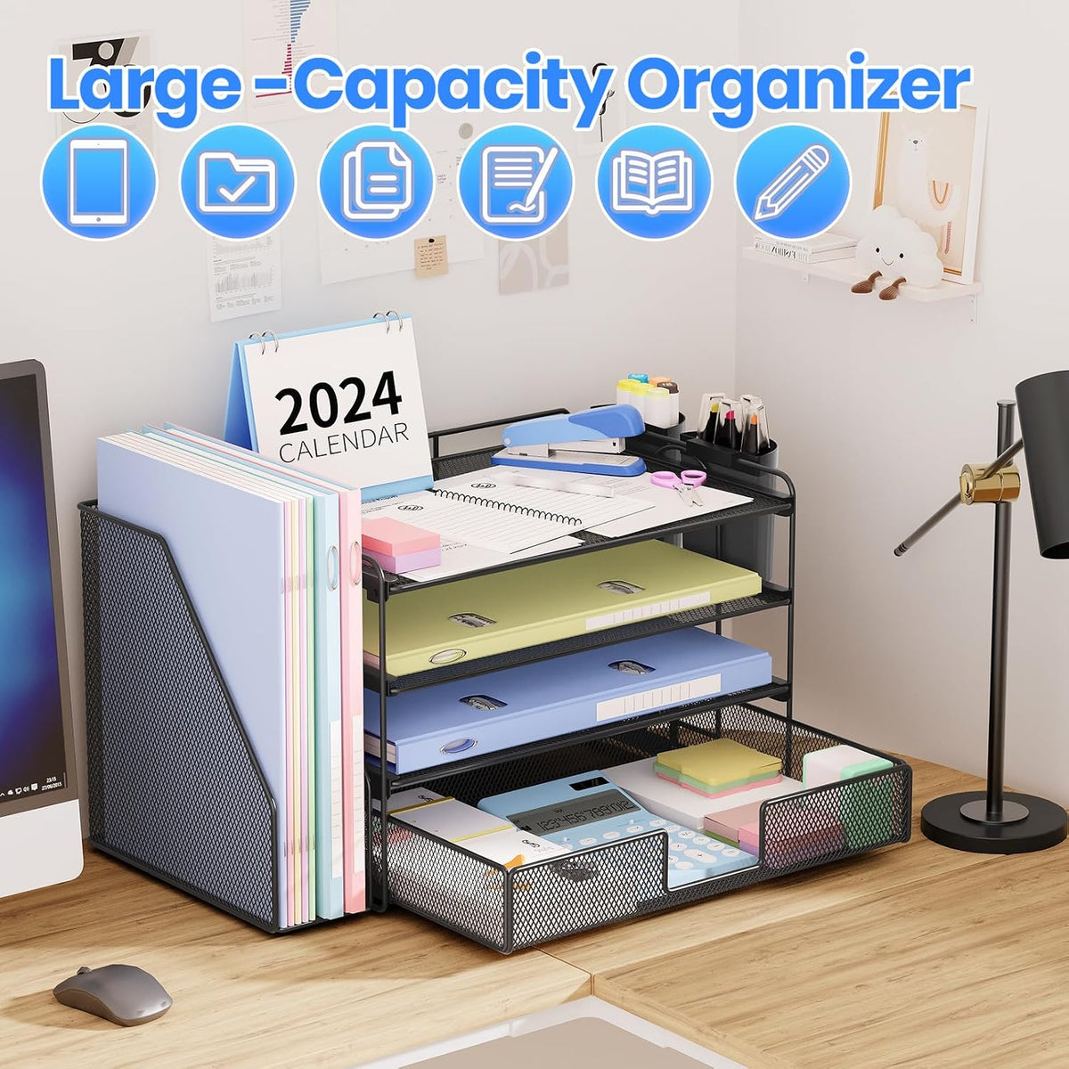 Desk Organizer, 4-Tier Desktop File Organizer with Drawer and Pen Holders, Office Desk Accessories, File Sorters, Workspace Organizers for Office Supplies(Black)
