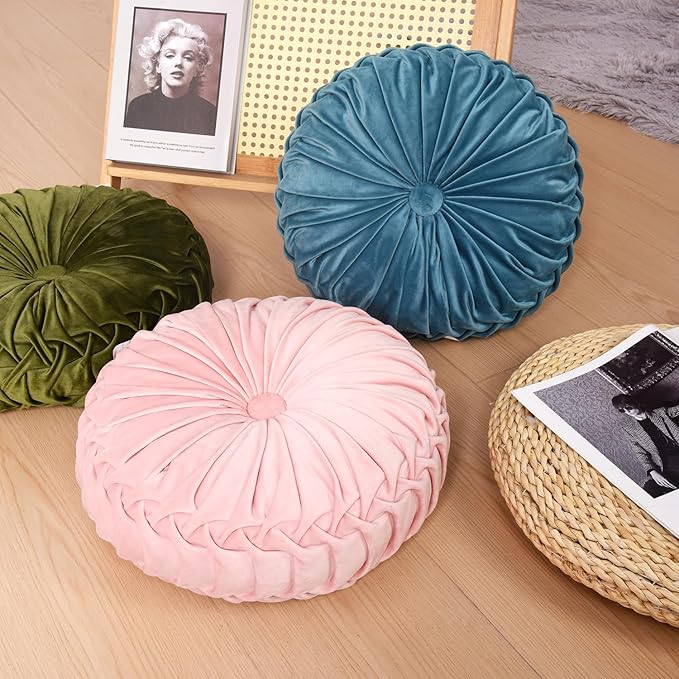 HIG Set of 2 Red Ruched Velvet Round Throw Pillows – 14.5’’ Decorative Pillows - Image 9