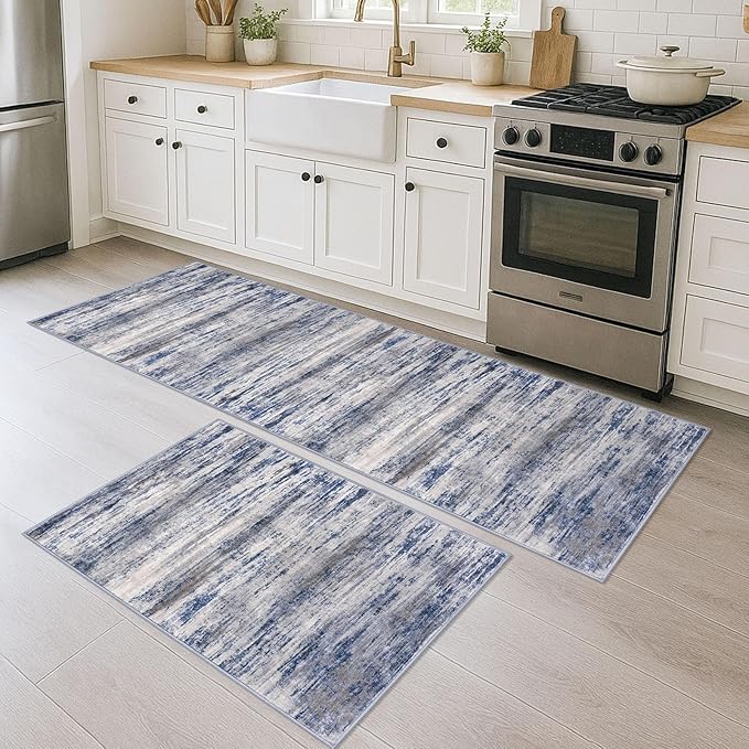 KOZYFLY Modern Abstract Area Rugs 2PCS 2x3 and 2x6 Blue-Grey Machine Washable by KOZYFLY