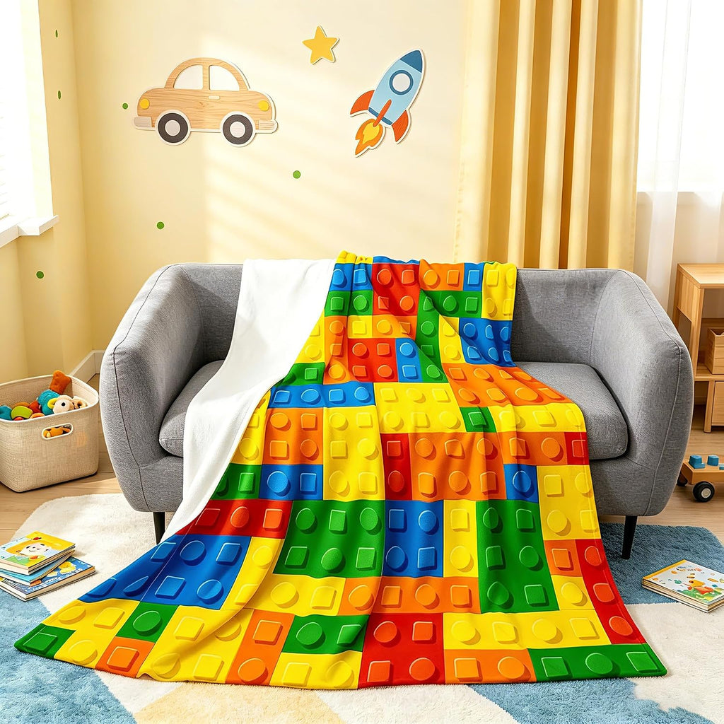 Building Blocks Thermal Insulated Flannel Fleece Throw Blanket - Toy Geometric Rectangle All Season Fuzzy for Bed Sofa Couch - Modern Style Bedroom Decor Plush Baby 30"x40"