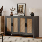 Rattan Buffet Cabinet with Storage, Sideboard with Doors, Console Table, Farmhouse Coffee Bar, Modern Wood Long Cabinets (Brown Black)