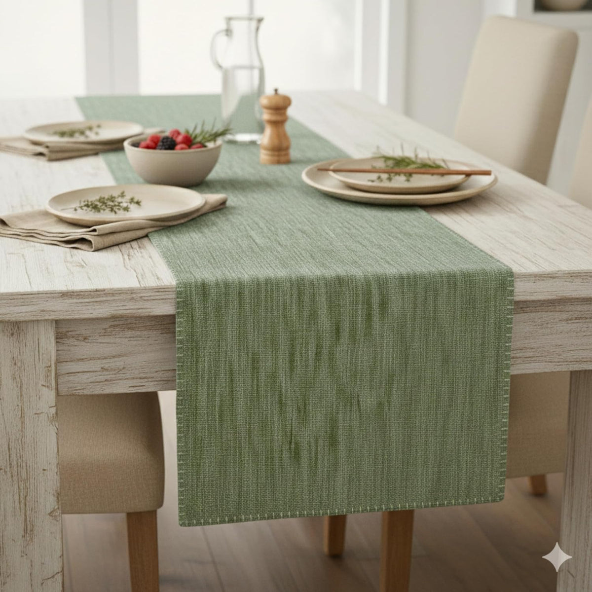 Short Coffee Table Runner Cotton Modern Kitchen Table Runner with Decorative Stitch at Edge Dresser Scarf Dining Table Washable Cloth Small Furniture Top Cover 14"x48" Green