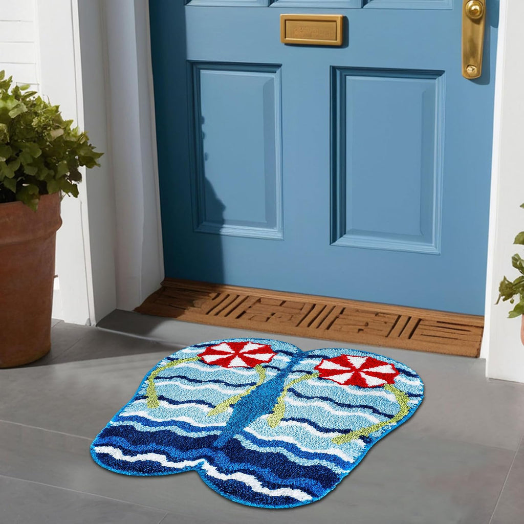 FYSUIMU Summer Bath Rug Flip Flop Shape Tufted Bath Mat Beach Ocean Wave Non Slip Floor Mat for Home Kitchen Bathroom Bedroom Porch Entryway