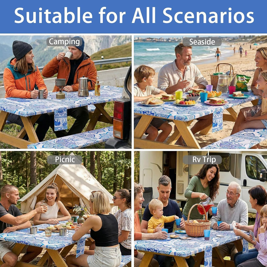 Fitted Waterproof Picnic Table Cover with Bench Covers Heavy Duty Elastic Outdoor Camping Tablecloth for 6 Foot Rectangle Tables Summer Rv Accessories Patio Garden Road Trip Essentials Gifts