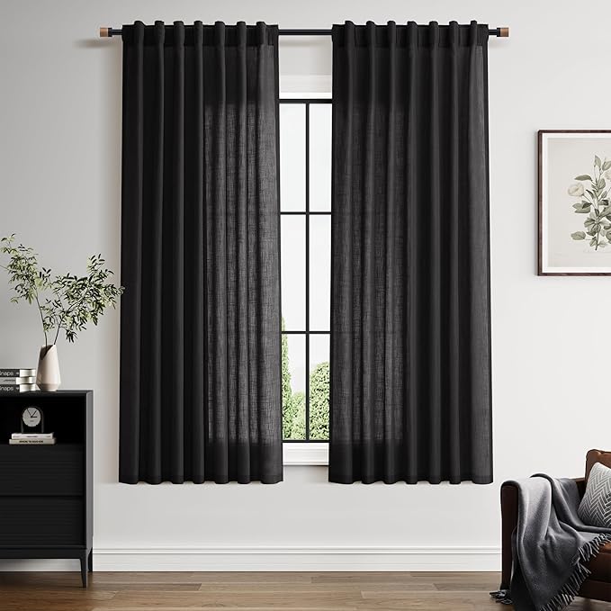Vintage Black Linen Curtains 63 Inch Length by Nanspring