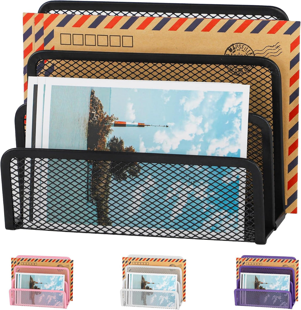 Desk Mail Organizer, Office Small Desktop Metal Mesh Envelope Letter Sorter Paper File Holder Organizer with 3 Vertical Upright Compartments, Purple 2 Pack