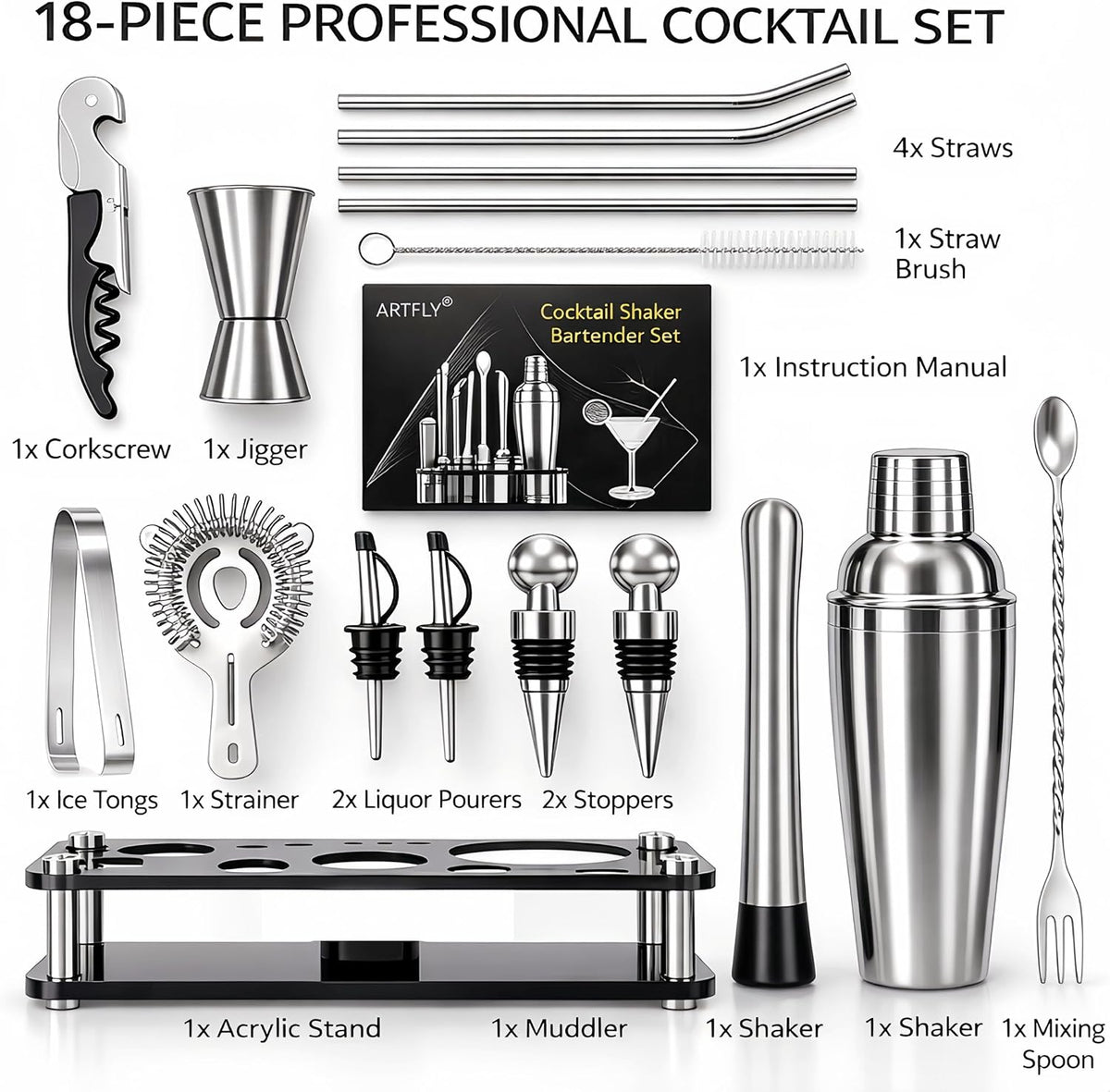 Cocktail Shaker Set, 18-Piece Bartender Kit with Acrylic Stand