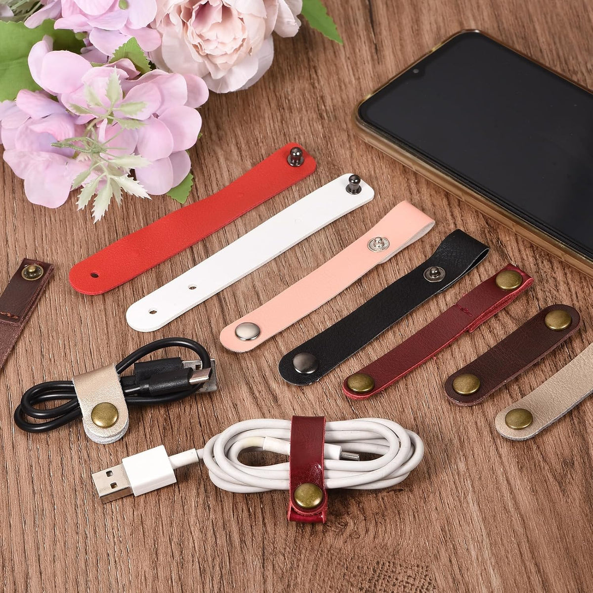 MECCANIXITY Pack of 20 Leather Cable Straps Cable Ties, Cord Organizer, Portable Cable Management for USB Cables, Headphone Wires, Black/Light Brown