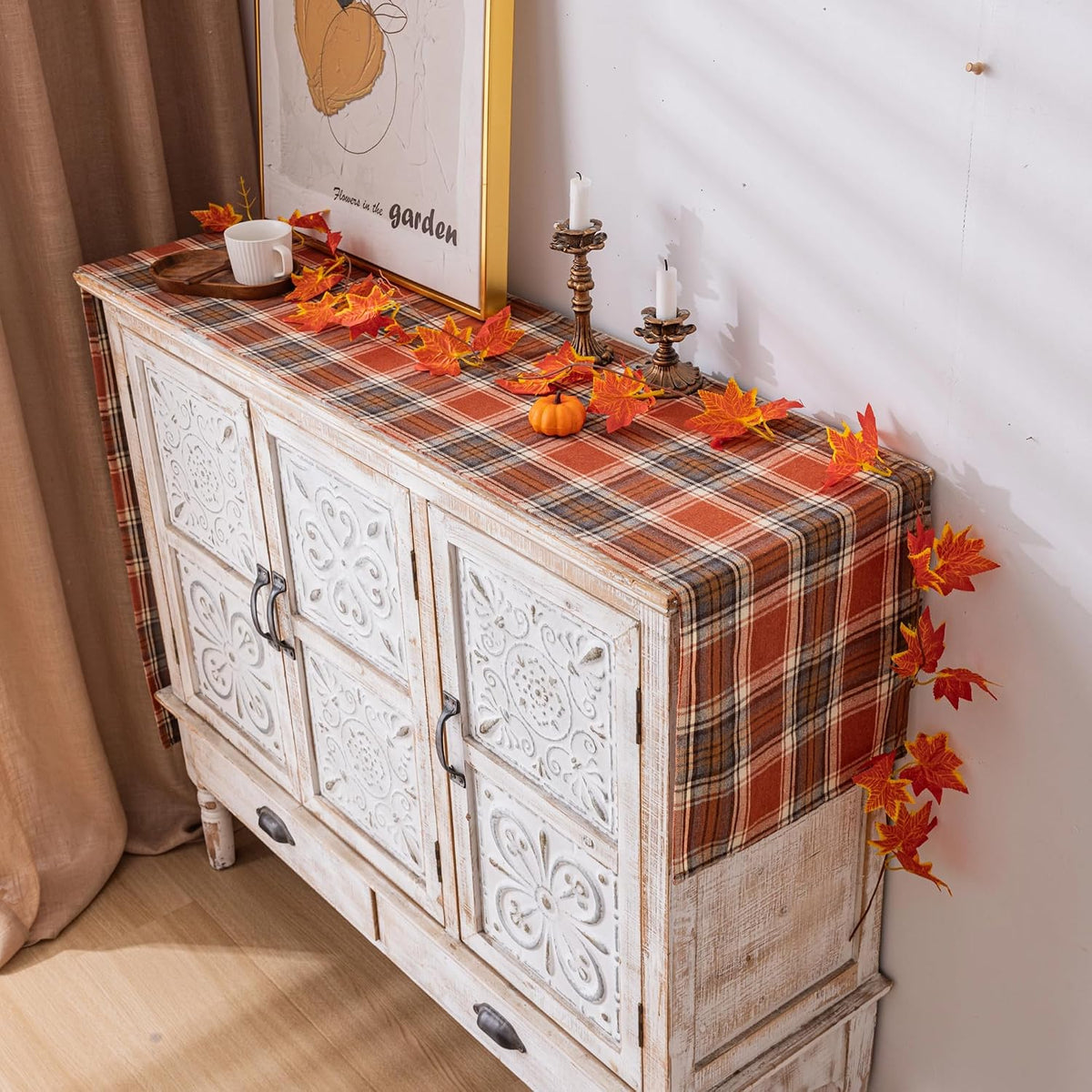 AQOTHES Plaid Fall Thanksgiving Rust Orange Table Runners 90 inches Long
