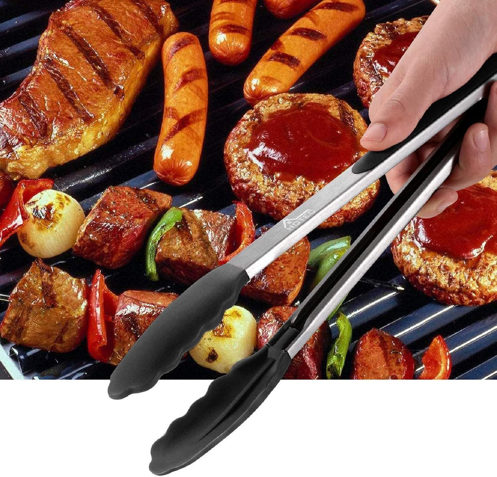 HOTEC Stainless Steel Kitchen Tongs with Silicone Tips, Set of 2-9" and 12"