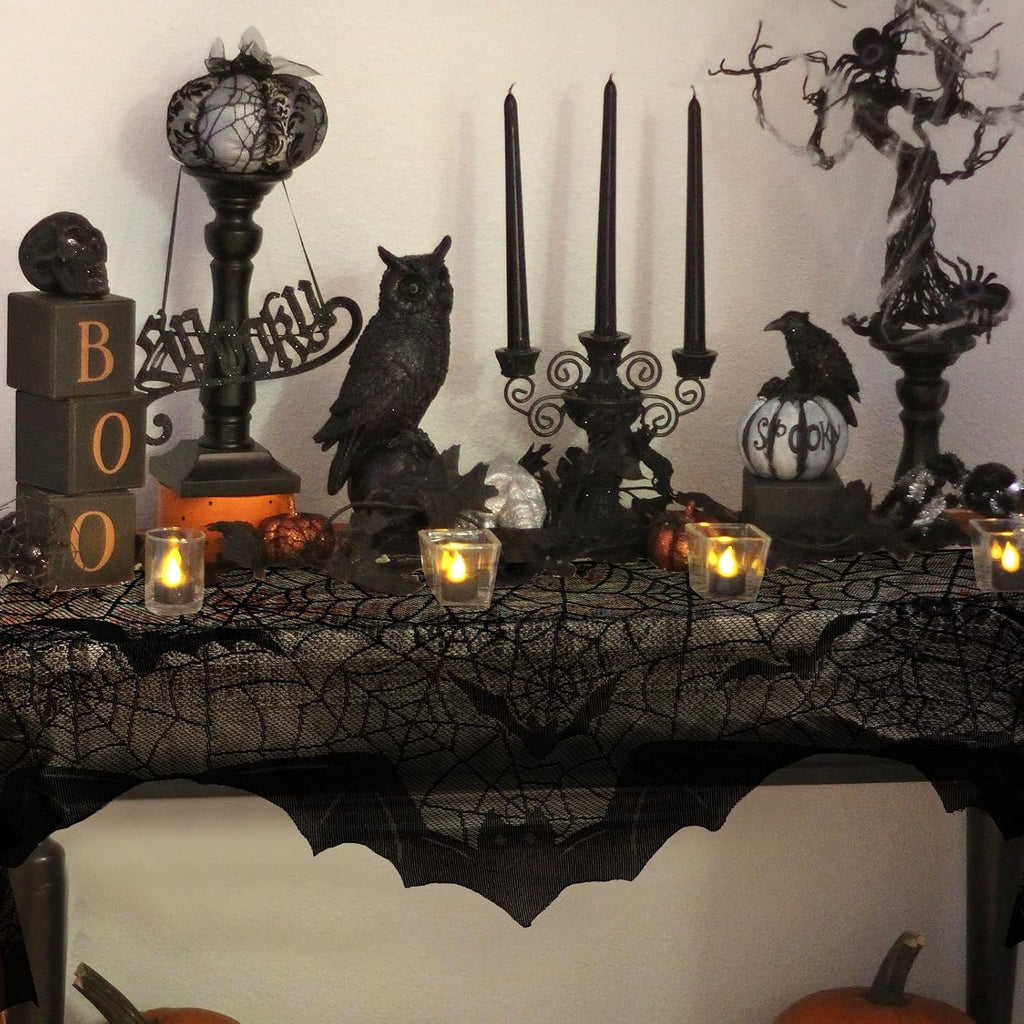 AerWo Halloween Decorations Indoor Fireplace Mantel Scarf, Black Lace Spiderweb Fireplace Cover for Halloween Mantle Decor Festive Party Supplies,20x79 inches