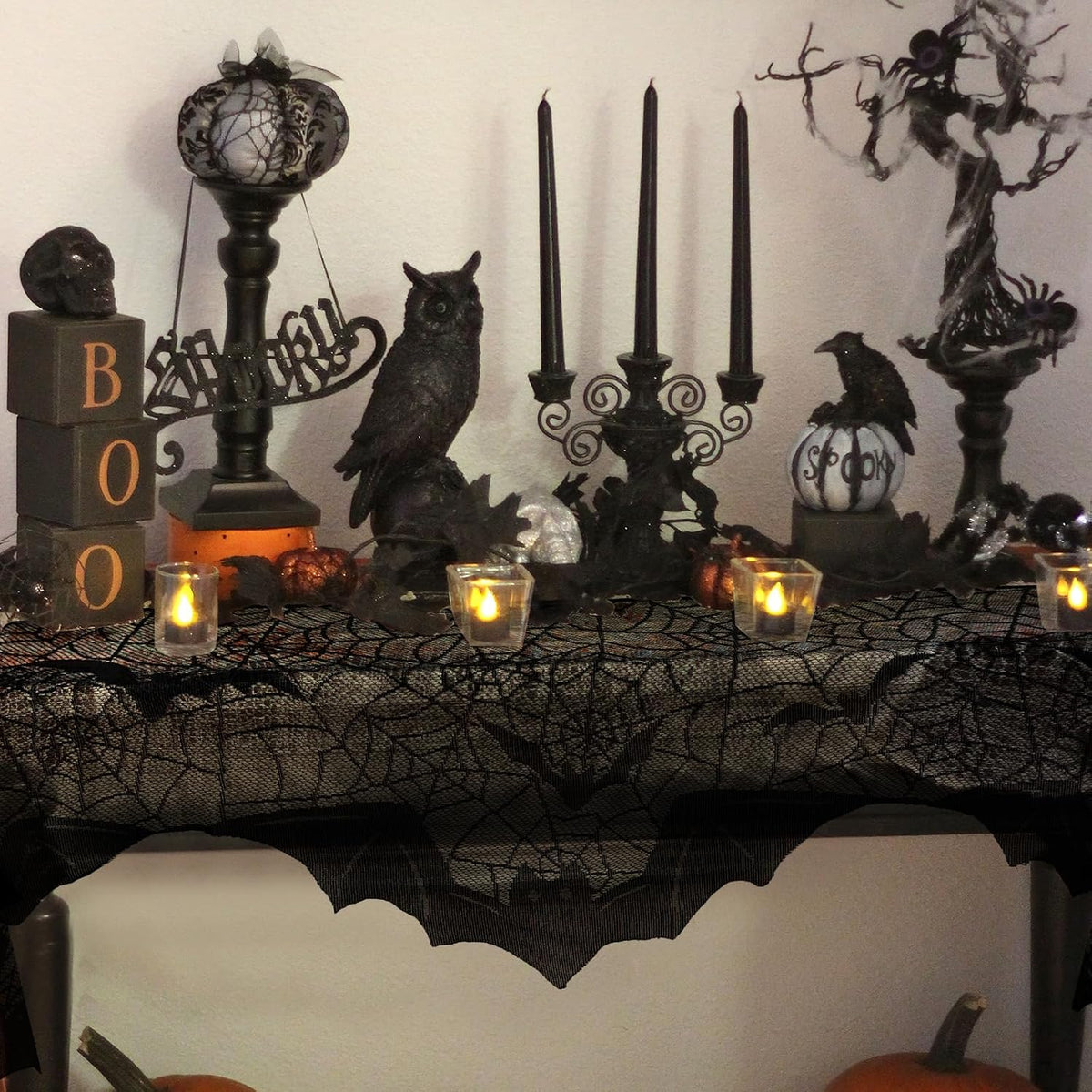 AerWo Halloween Decorations Indoor Fireplace Mantel Scarf, Black Lace Spiderweb Fireplace Cover for Halloween Mantle Decor Festive Party Supplies,20x79 inches