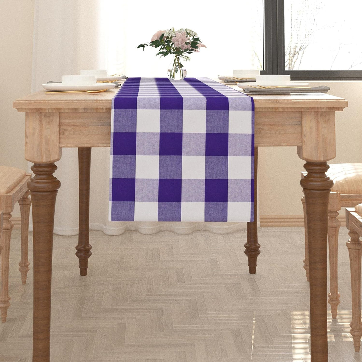 Purple & White 2 Side Buffalo Check Farmhouse Table Runner for Family Dinners or Gatherings Indoor or Outdoor Parties Everyday Use 12" x 72"