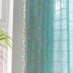 Deeprove Green Boho Curtains 84 Inches Long for Bedroom Nursery Room, Cyan Coastal Teal Plaids Embroidery Semi Blackout Bohemian Window Treatment Grids Drape Tassels, 1 Panel W52 x L84, Aqua