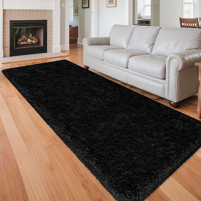 3x10 Bedside Area Rugs for Bedroom Soft Fluffy Shag Black Rug for Hallway - Image 2