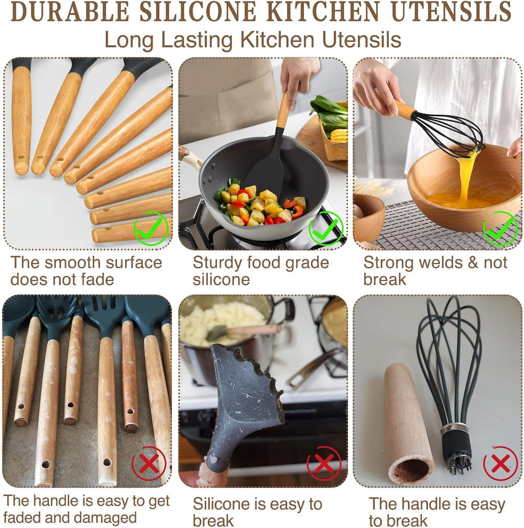 Umite Chef Kitchen Cooking Utensils Set, 33 pcs Non-Stick Silicone Cooking Kitchen Spatula Set with Holder, Wooden Handle Silicone Kitchen Gadgets Utensil Set (Black)