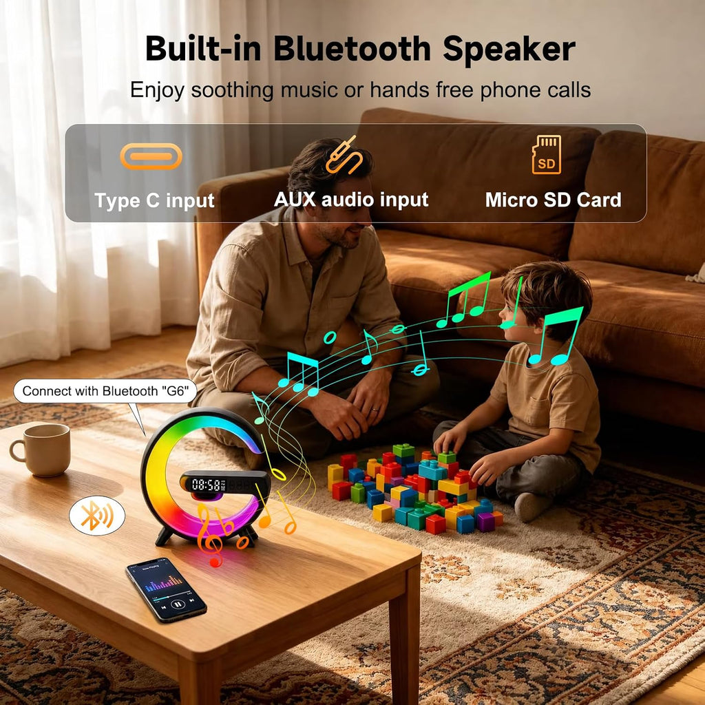 5-in-1 Smart LED Table Lamp with Wireless Charger, Bluetooth Speaker, Alarm Clock, Night Light, Bedside Lamp Charging Station for Bedroom Nightstand Dorm Desk, Home Decor, Gifts for Teen Boys Girls