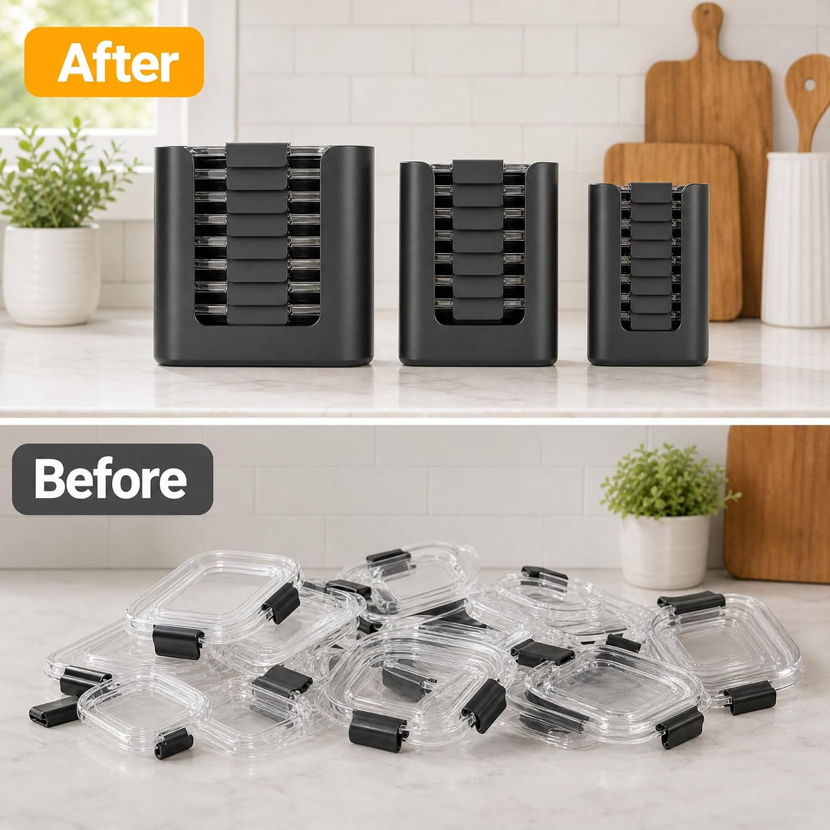 Food Container Lid Organizer for Rubbermaid Brilliance Lid, 3-Piece Lid Organizers for Cabinet, Holds 24 Snap-On Lids, Stackable Kitchen Cabinet Organizer for 0.5, 1.3, 3.2 & 4.7 Cup Lids, Black