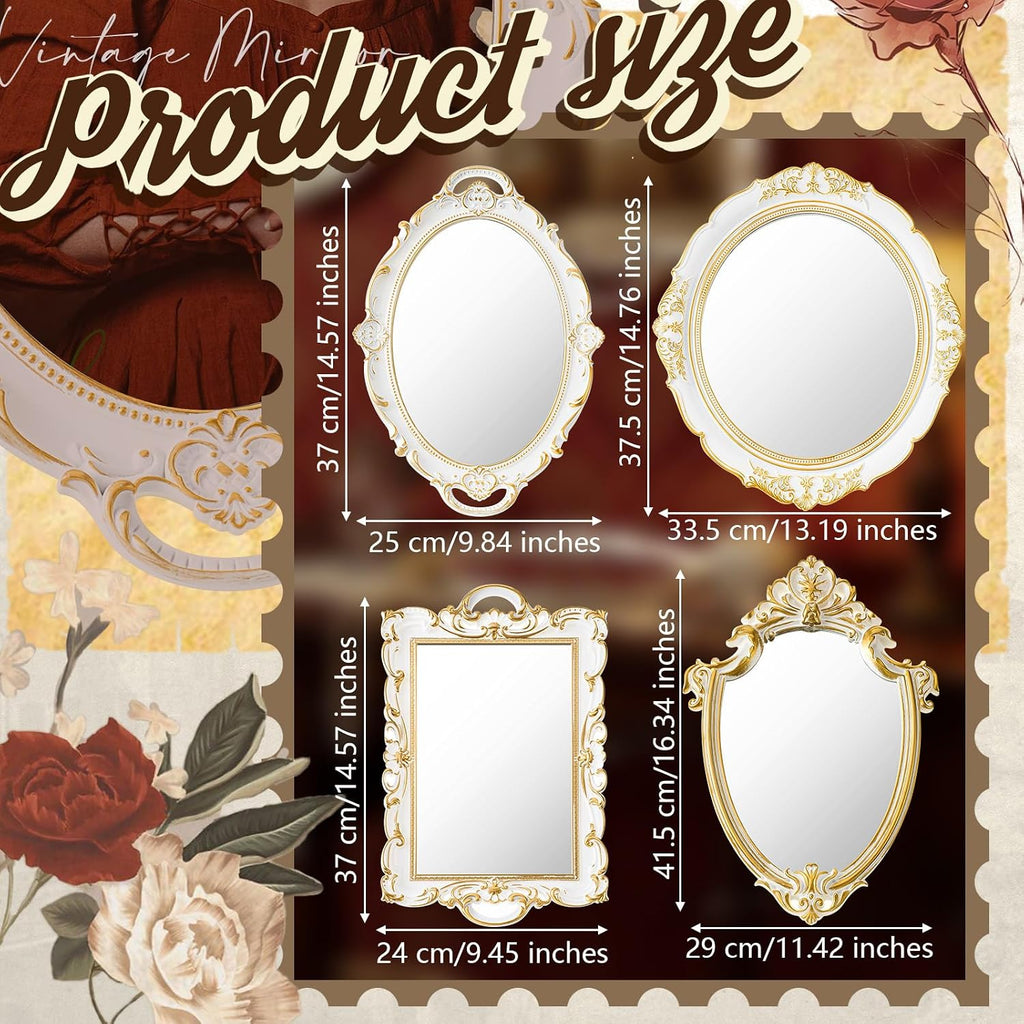Beeveer 4 Pcs Vintage Gold Wall Mirror Set Luxury Gallery Wall Mirror Decorative Hanging Antique Decor for Living Room Entryway Wedding Bedroom Bathroom Victorian Decor (Elegant,White)