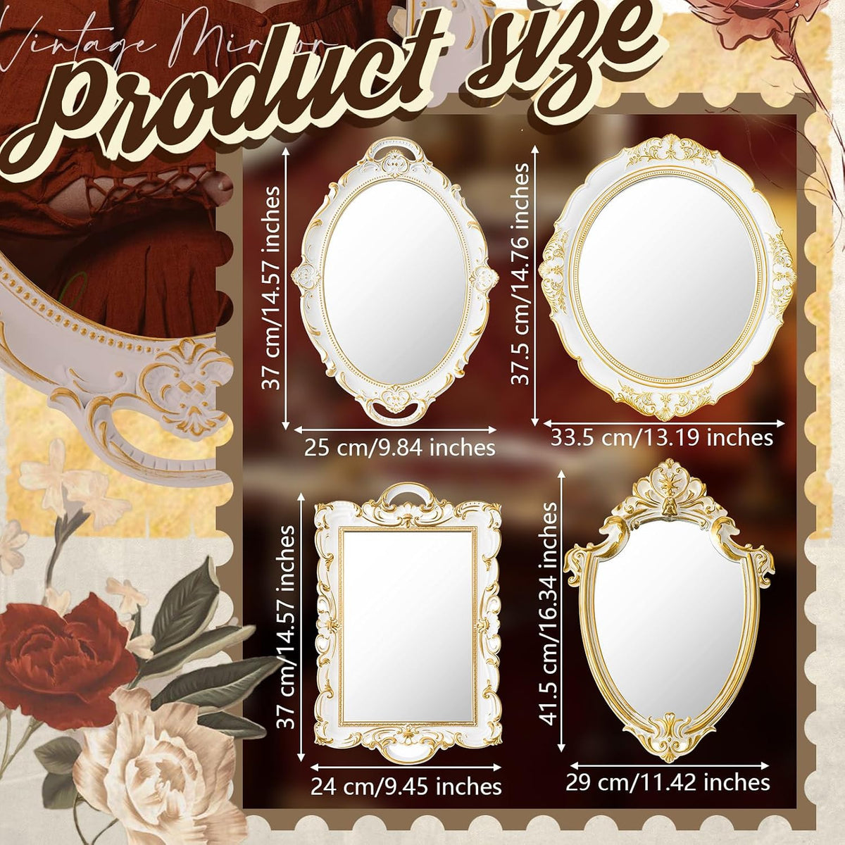Beeveer 4 Pcs Vintage Gold Wall Mirror Set Luxury Gallery Wall Mirror Decorative Hanging Antique Decor for Living Room Entryway Wedding Bedroom Bathroom Victorian Decor (Elegant,White)