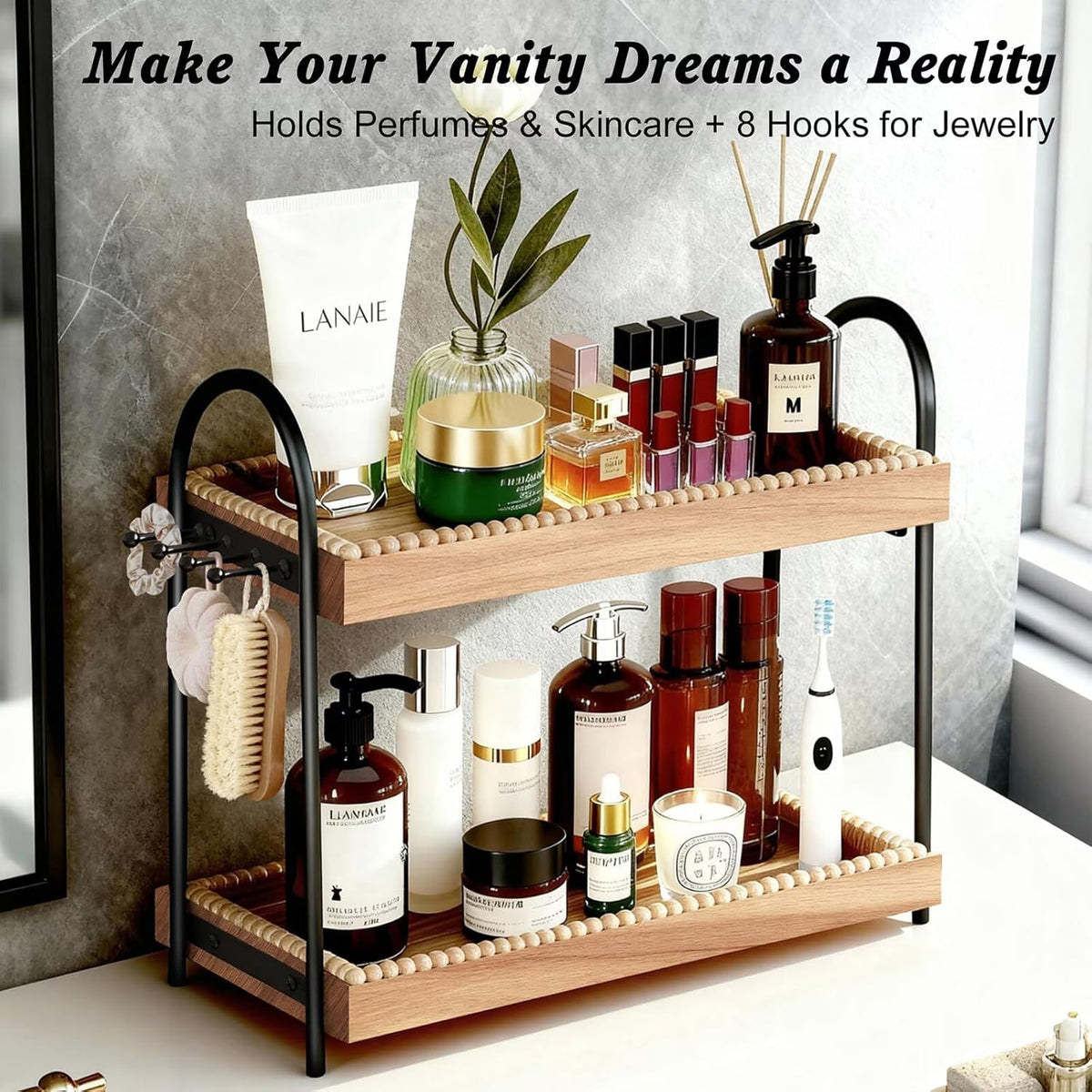 Bathroom Vanity Organizer Countertop 2-Tier Waterproof 20+ Bottles 8 Hooks