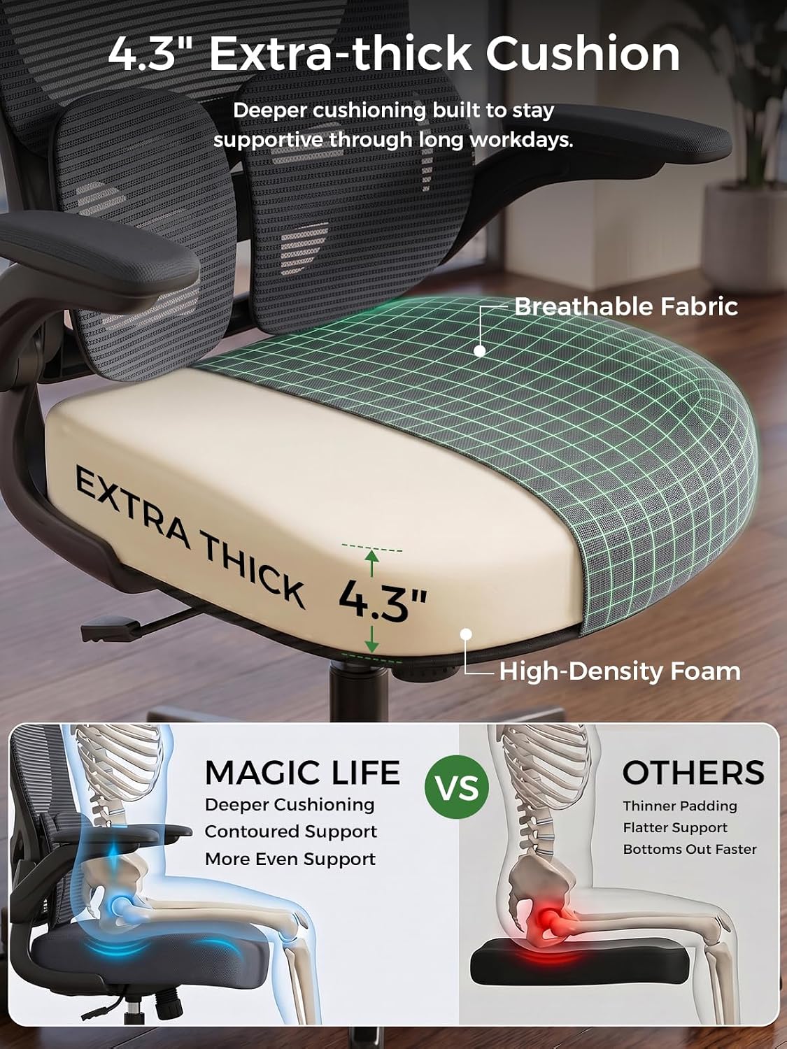 Ergonomic Office Desk Chair, Adjustable Dual Lumbar Support & Thick Seat