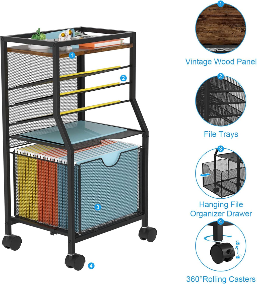 BOHDK Rolling File Cart, 6-Tier Desk File Organizer on Lockable Wheels, Brown Wood Planks & Mesh Sliding Hanging Folder Drawer, Organization Cart for Office Home School